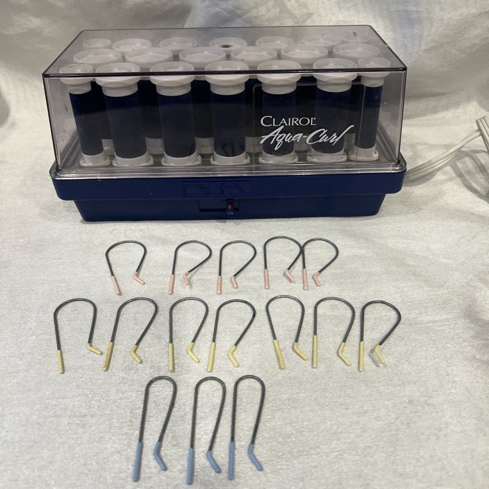 Vintage-‎ Clairol Aqua Curl Hot Rollers & Clips Model K-40 Tested Blue Velvet